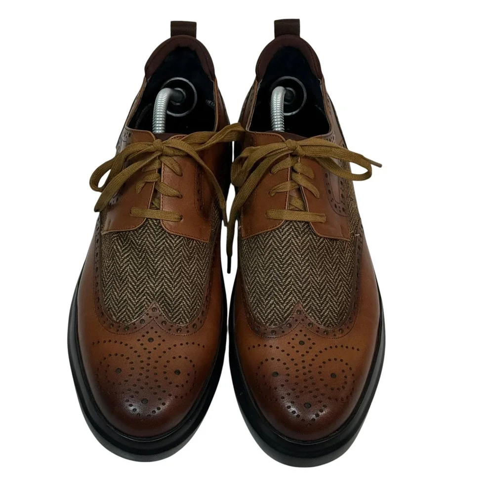 Zanzara Mens ZZ1556L Cognac Leather Herringbone Wingtip Oxford Shoes Size 11